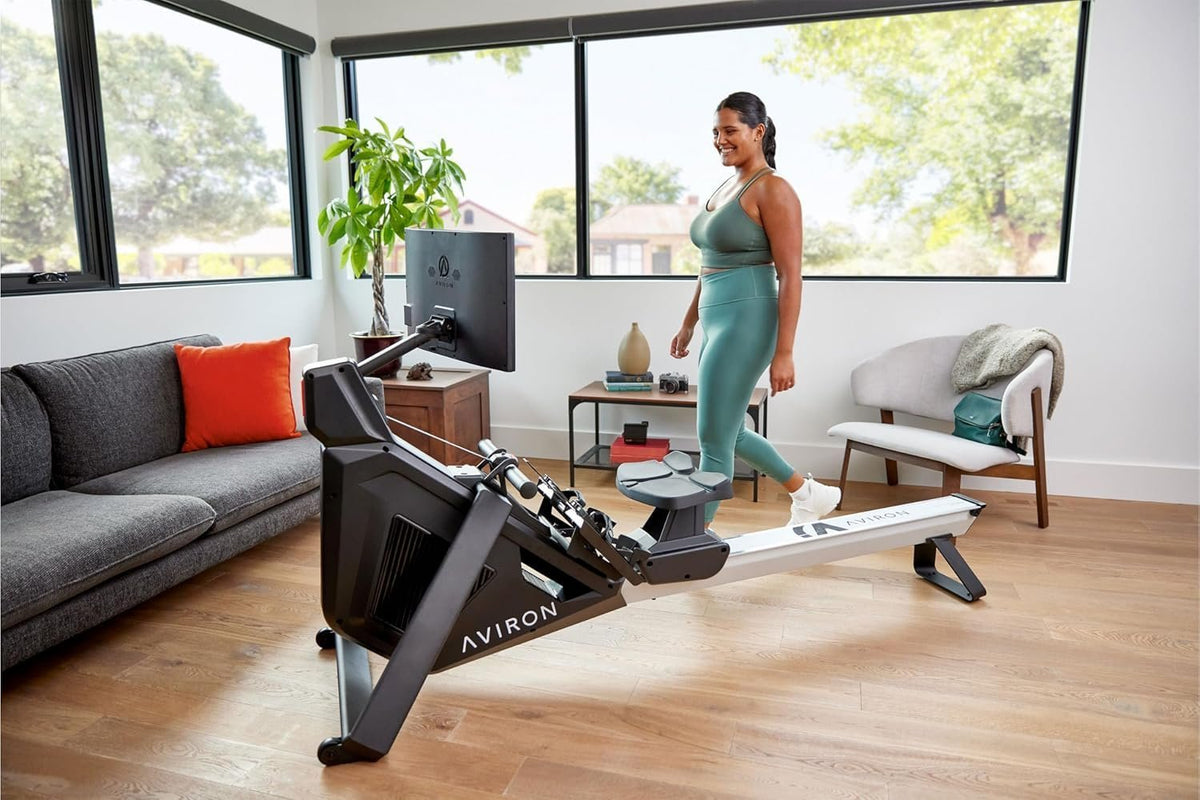 Aviron Strong Series Rower: 22″ HD Touchscreen, Dual Air & Magnetic Resistance up to 100 lbs. Game-Based Workouts, Streaming, Compact Design