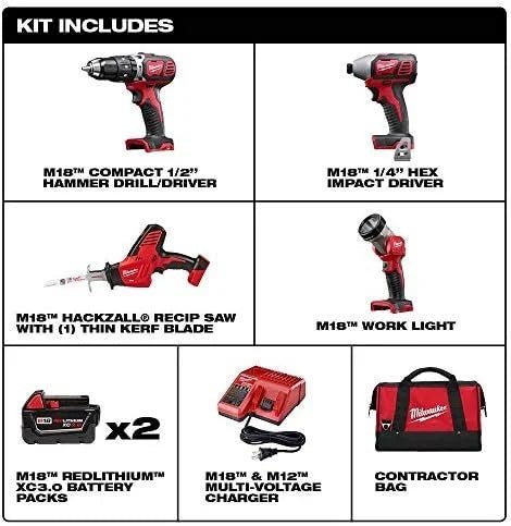 Milwaukee 2695-24 M18 18V Cordless Power Tool Combo Kit with Hammer Drill, Impact Driver, Reciprocating Saw, and Work Light (2 Batteries, Charger, and Tool Case Included)
