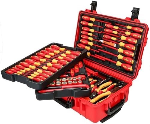 Wiha 32800 Insulated Tool Set with Screwdrivers, Nut Drivers, Pliers, Cutters, Ruler, Knife and Sockets in Rolling Tool Case, 10,000 Volt Tested and 1000 Volt Rated, 80-Piece Set