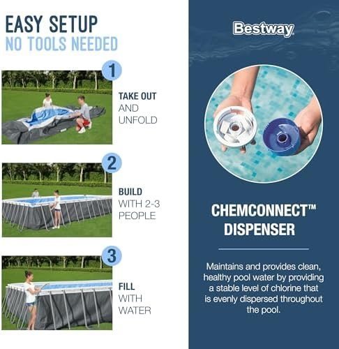 Bestway Power Steel 18′ x 9′ x 48″ Rectangular Metal Frame Above Ground Outdoor Swimming Pool Set with 1,500 GPH Filter Pump, Ladder, and Pool Cover