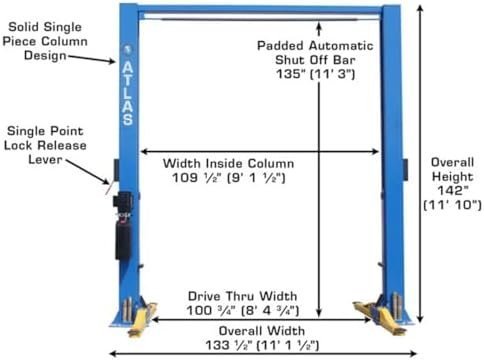ATLAS Automotive Equipment 9OHSC-SS 2-Post Vehicle Overhead Lift, 11’9” Minimum Ceiling Height, 9,000lb Capacity, Clear Floor, 11’10” Height, 3-Stage Front and 2-Stage Rear Arms, for DIY/Hobbyists