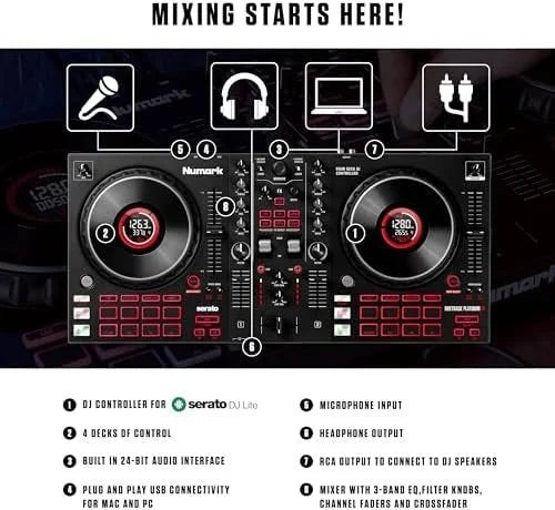 Numark Mixtrack Platinum FX Serato DJ Controller with Jog Wheel Displays, 4 Decks, Mixer, Effects Paddles and (Audio Interface)