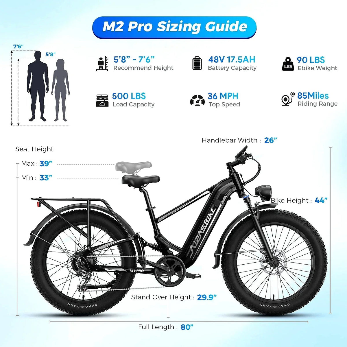 Aipas M2 Pro Electric Fat Tire Mountain Bike, 1800W Motor, 48V/17.5Ah, 36 MPH - Prioka