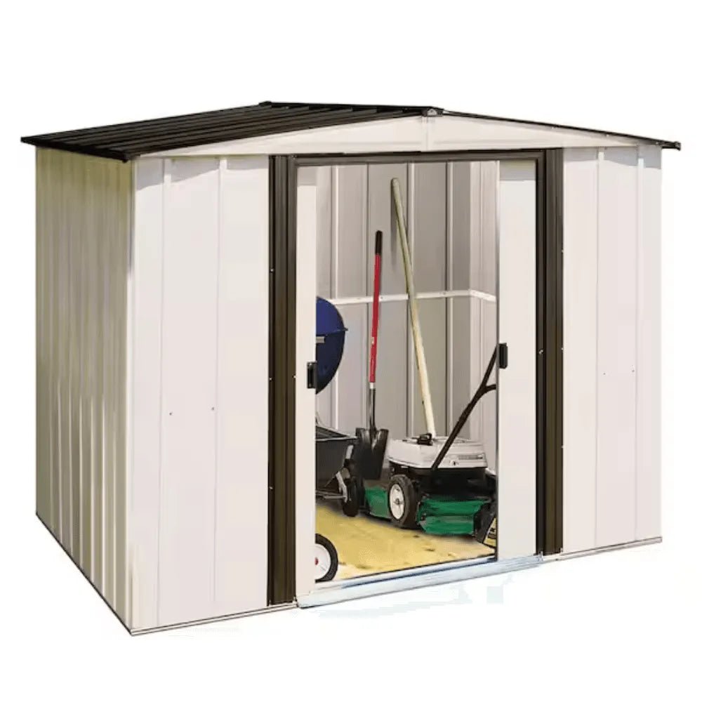 Arrow Newport 8 x 6 ft. Two-Tone Eggshell & Coffee Galvanized Metal Storage Shed with Sliding Lockable Doors - Prioka