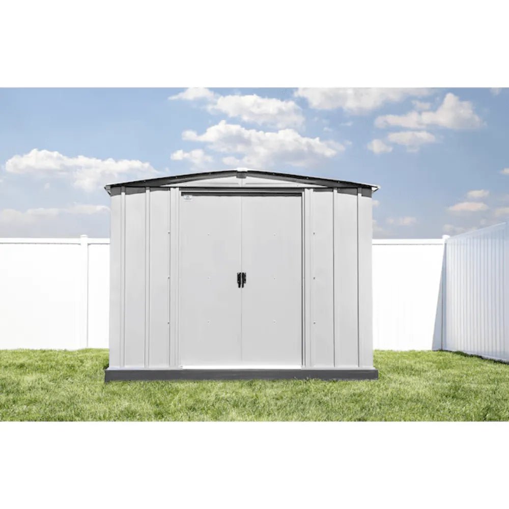 Arrow Newport 8 x 6 ft. Two-Tone Eggshell & Coffee Galvanized Metal Storage Shed with Sliding Lockable Doors - Prioka