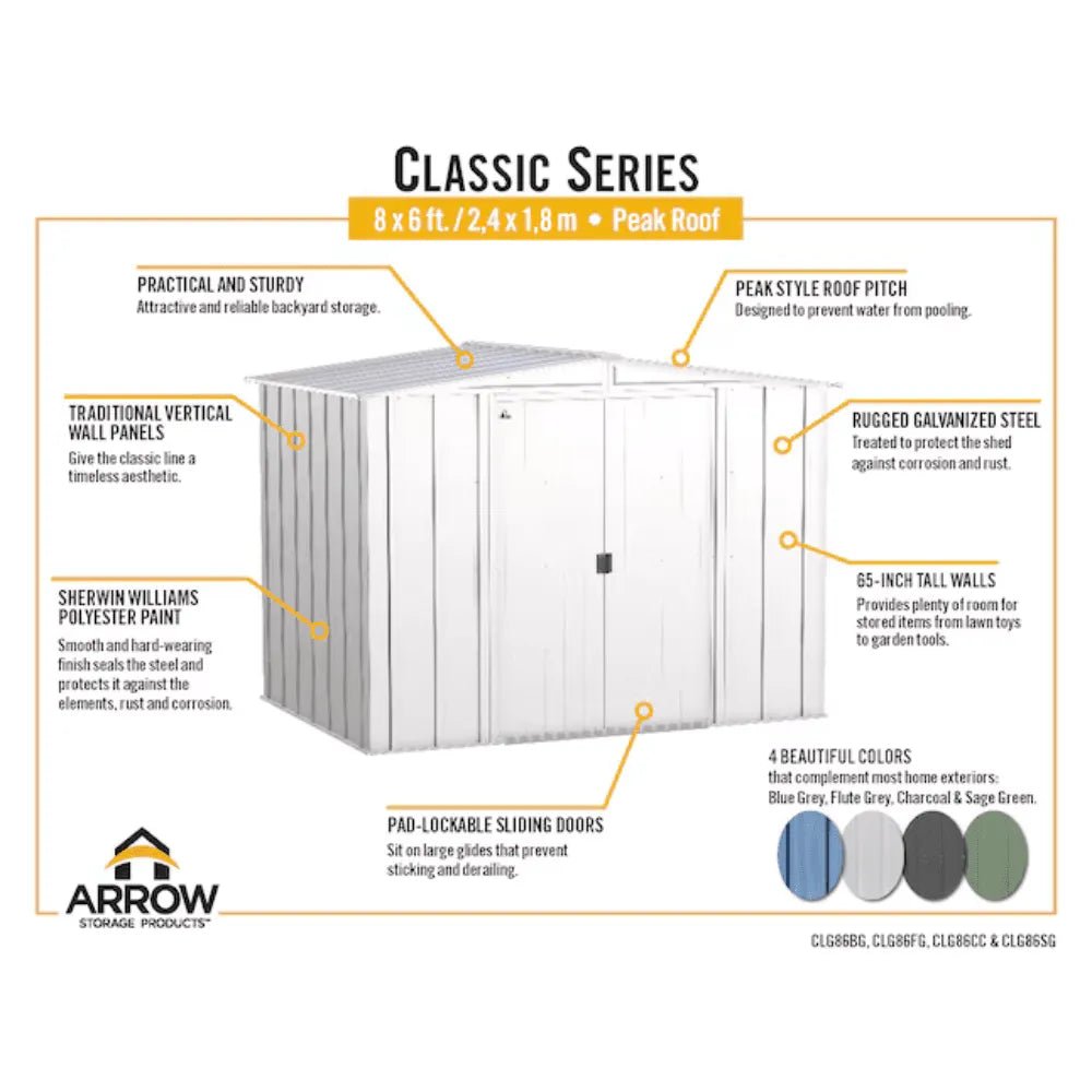 Arrow Newport 8 x 6 ft. Two-Tone Eggshell & Coffee Galvanized Metal Storage Shed with Sliding Lockable Doors - Prioka