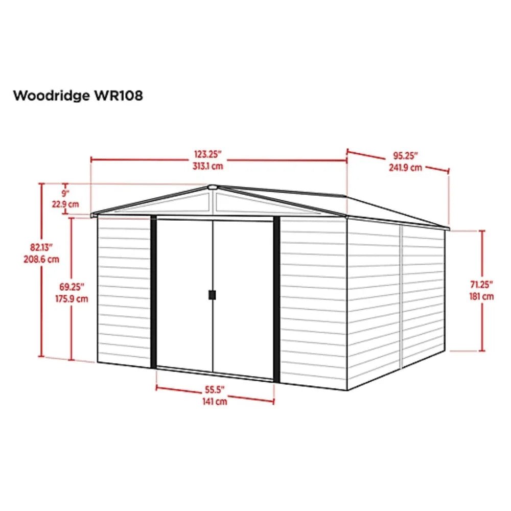 Arrow Woodridge 10 ft. x 8 ft. Metal Storage Shed with Woodgrain Finish - Prioka