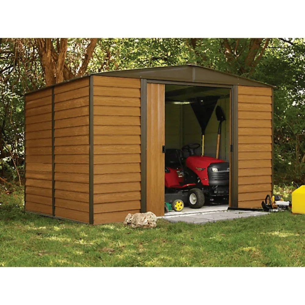 Arrow Woodridge 10 ft. x 8 ft. Metal Storage Shed with Woodgrain Finish - Prioka