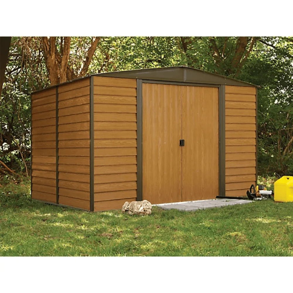 Arrow Woodridge 10 ft. x 8 ft. Metal Storage Shed with Woodgrain Finish - Prioka