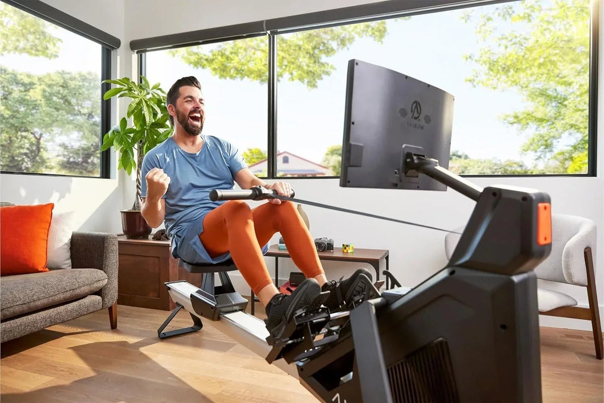 Aviron Strong Series Rower: 22″ HD Touchscreen, Dual Air &amp; Magnetic Resistances up to 100 lbs. Game-Based Workouts, Streaming, Compact Designs - Prioka