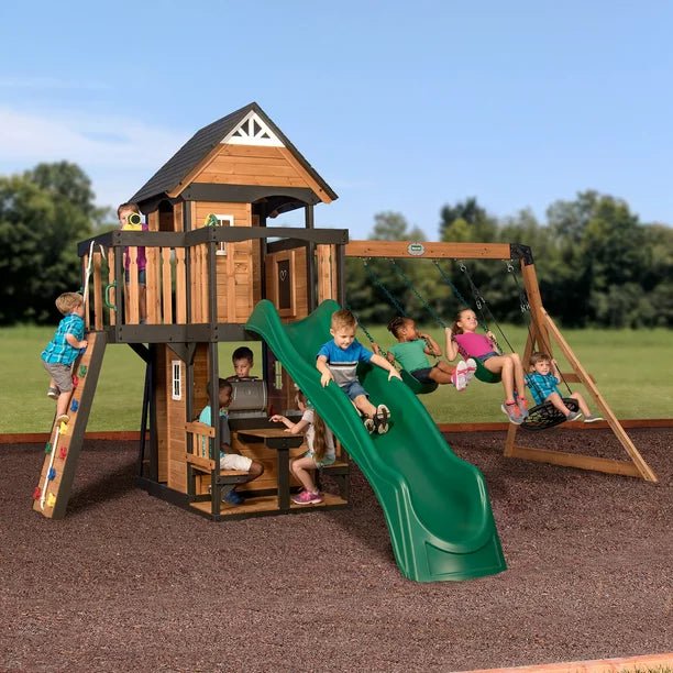 Backyard Discovery Canyon Creek Wooden Swing Set with Slide and Rock Wall - Prioka
