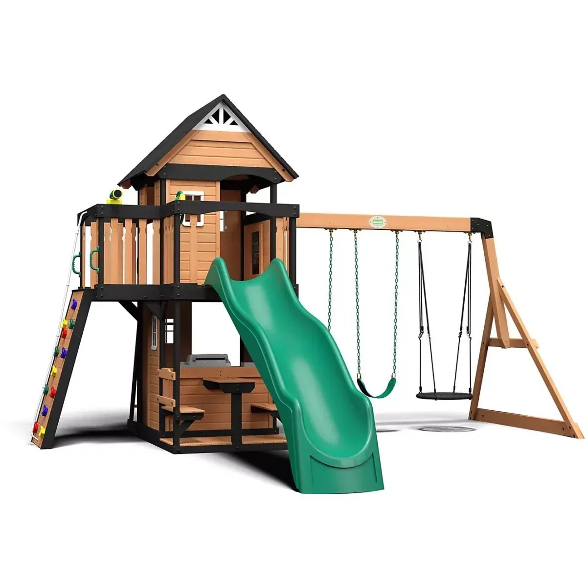 Backyard Discovery Canyon Creek Wooden Swing Set with Slide and Rock Wall - Prioka