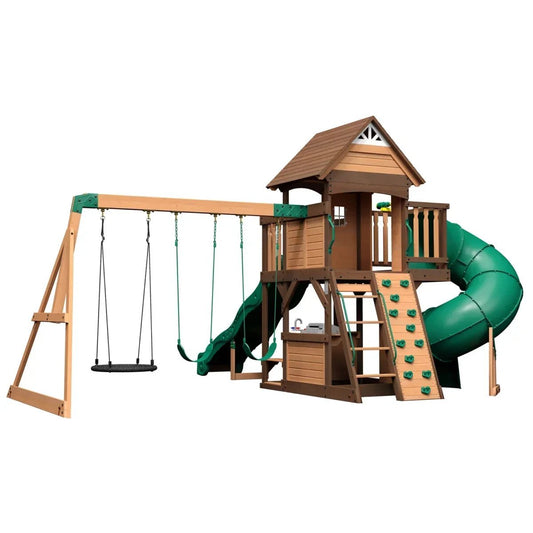 Backyard Discovery Cedar Cove Wooden Swing Set with Dual Slides & Playhouse - Prioka