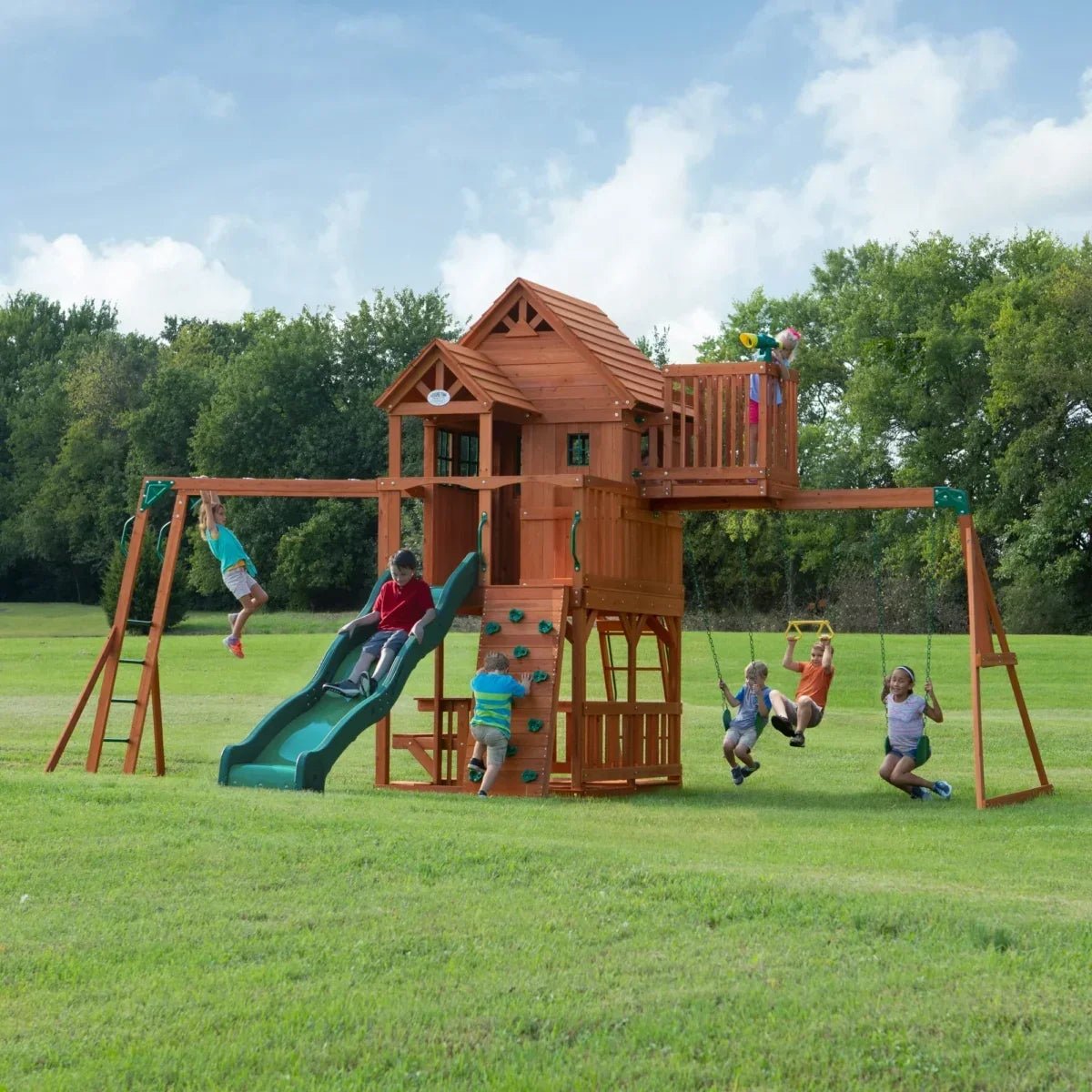 Backyard Discovery Skyfort II Wooden Swing Set with Wave Slide - Prioka