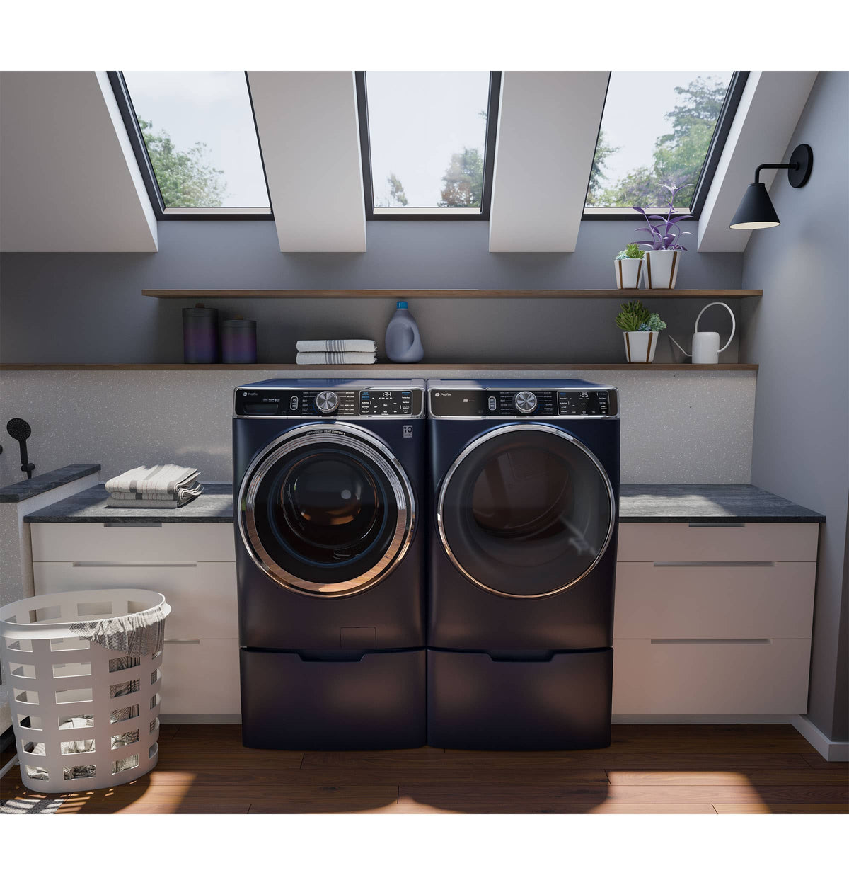 GE – 28 in. Wide and 16 in. Tall Laundry Pedestal with Storage Drawer for Select Washers and Dryers – Sapphire Blue