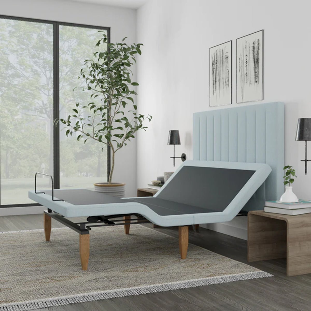 Bedplanet Alex Adjustable Base with Headboard - Zero-Clearance & Wireless Remote - Prioka