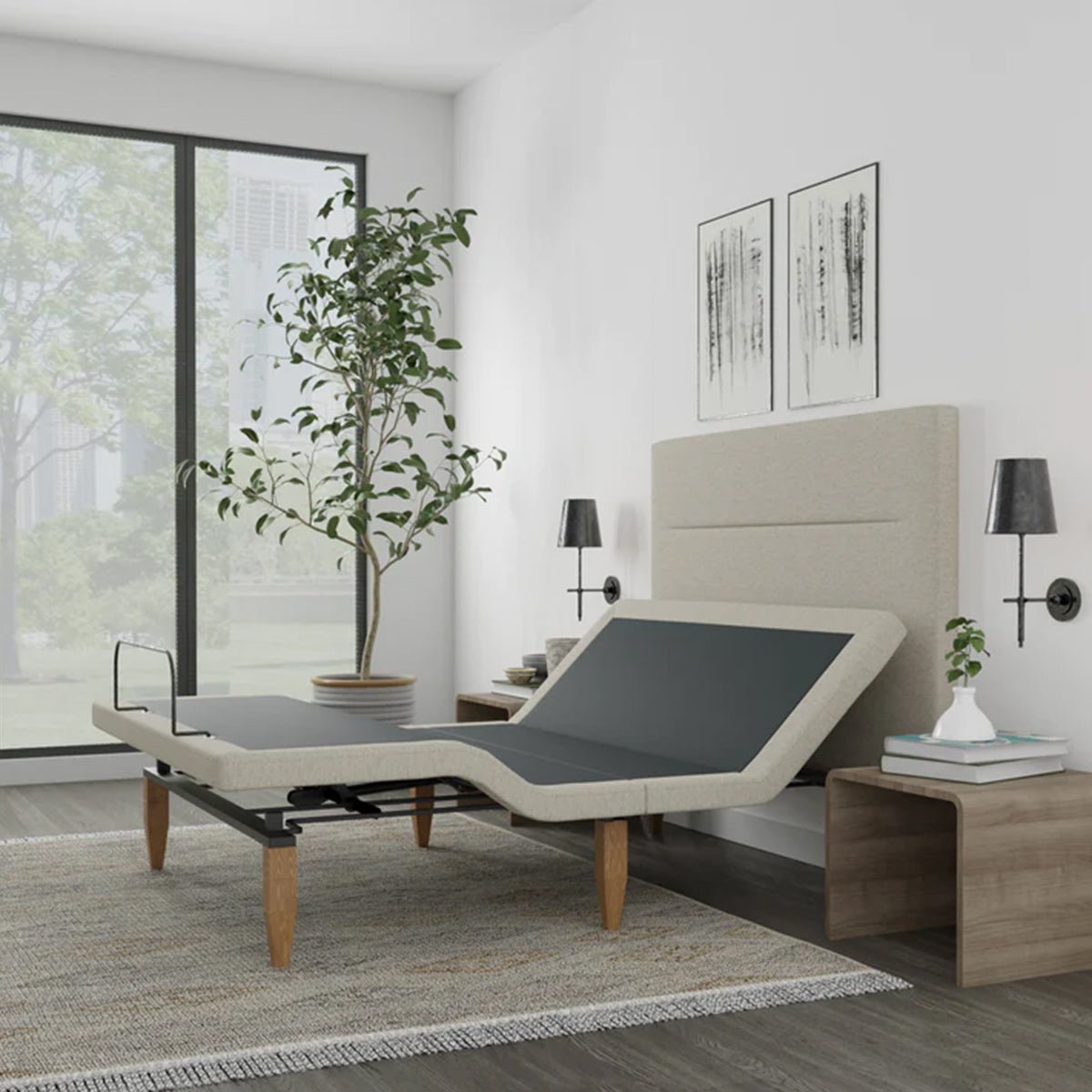 Bedplanet Taylor Adjustable Base with Headboard - Zero-Clearance & Wireless Remote - Prioka