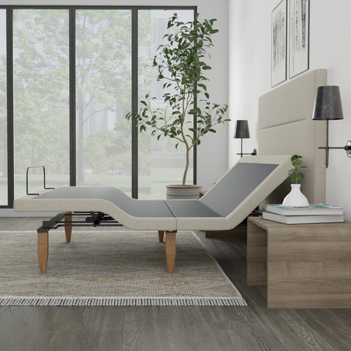 Bedplanet Taylor Adjustable Base with Headboard - Zero-Clearance & Wireless Remote - Prioka