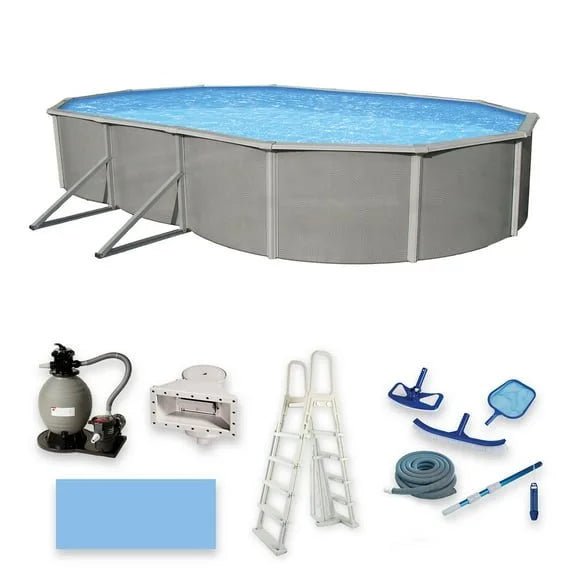 Belize 12-ft x 24-ft Oval 52-in Deep 6-in Top Rail Metal Wall Swimming Pool Package - Prioka