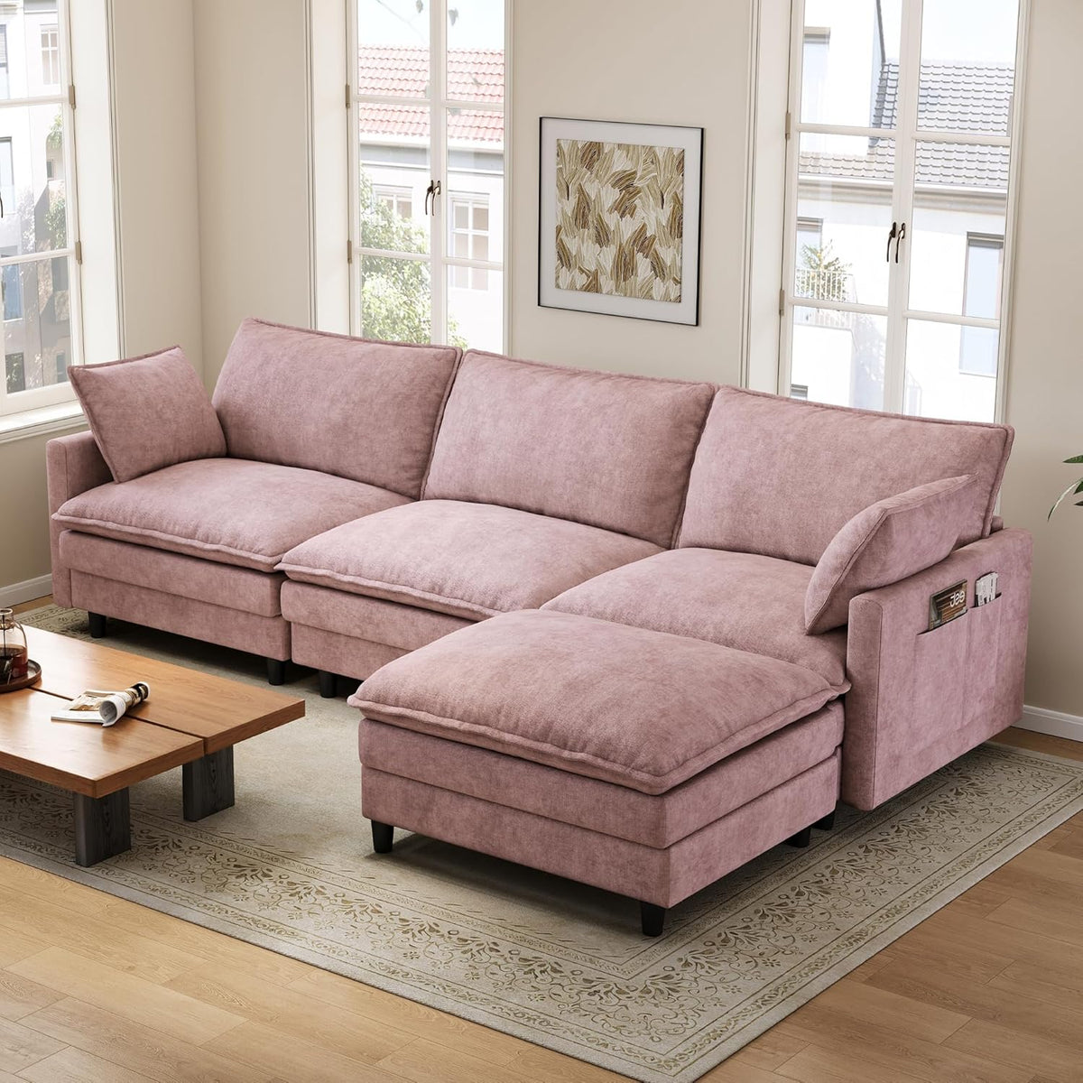 Bergenfield Furniture 102 Inch L Shaped Modular Sectional Sofa 3 Seater Cloud Couch with Ottoman Deep Seat - Prioka