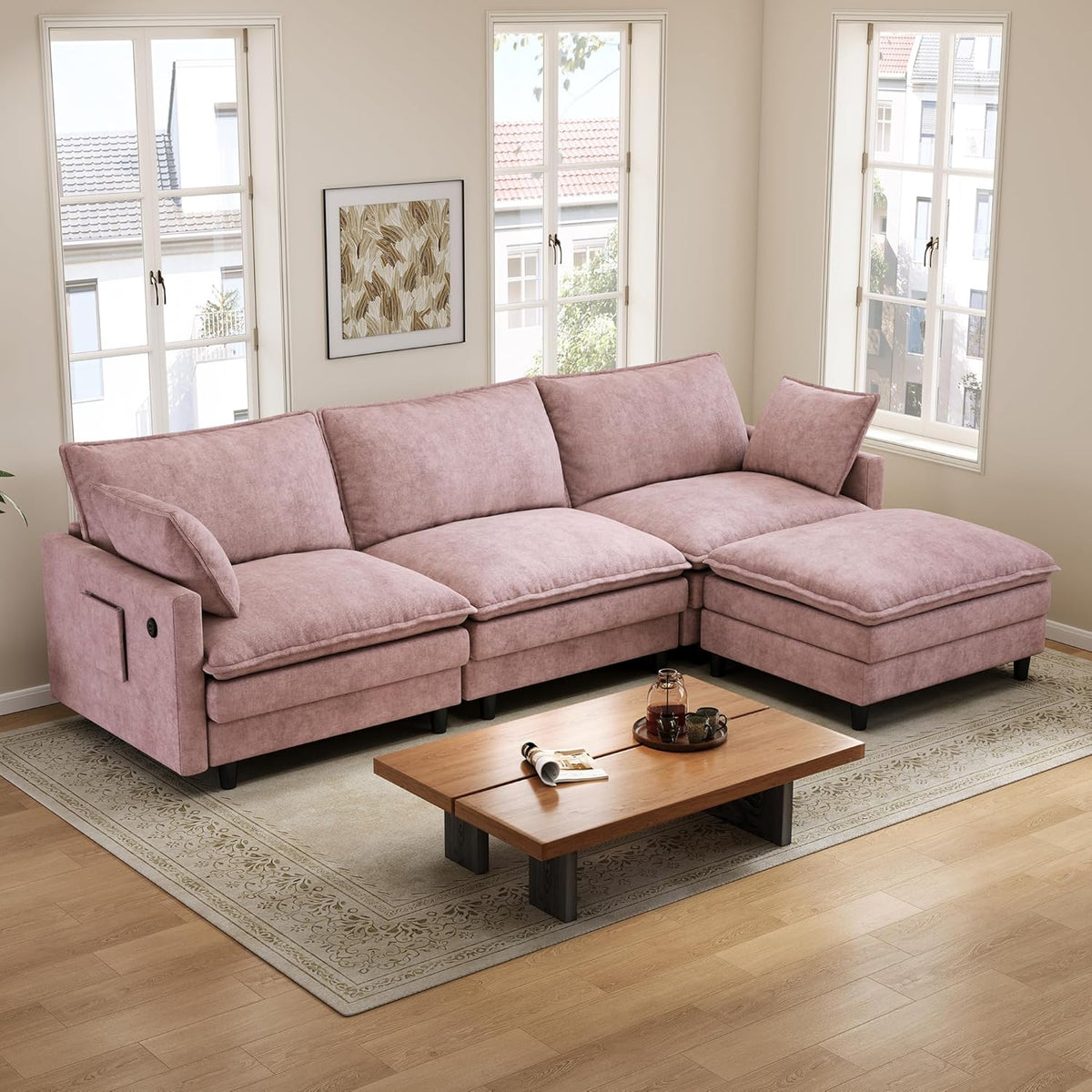 Bergenfield Furniture 102 Inch L Shaped Modular Sectional Sofa 3 Seater Cloud Couch with Ottoman Deep Seat - Prioka