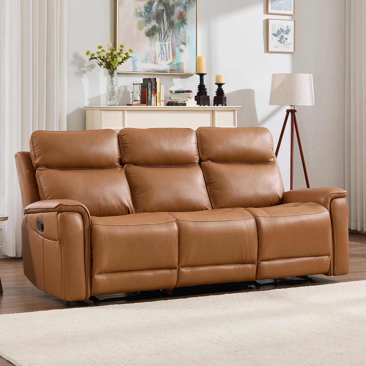 Bergenfield Furniture 3 Seater Recliner Sofa Manual Faux Leather Reclining Couch with Cup Holder - Prioka