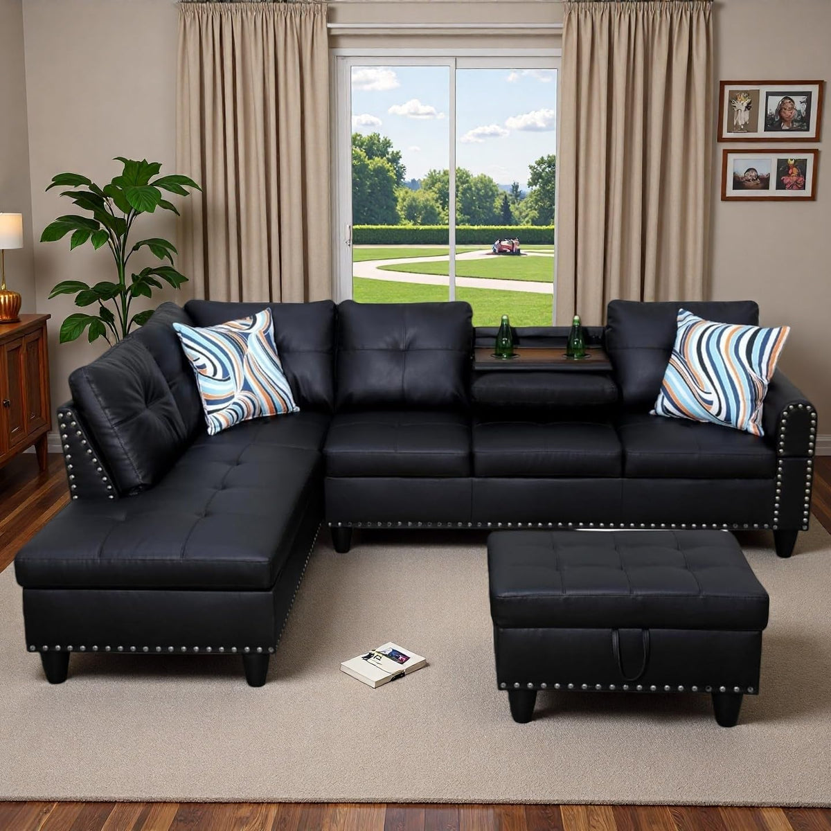 Bergenfield Furniture 97.5 Inch L Shaped Modular Sectional Couch Set with Storage Ottoman 4 Seat Leather Sofa Chaise Living Room Apartment - Prioka