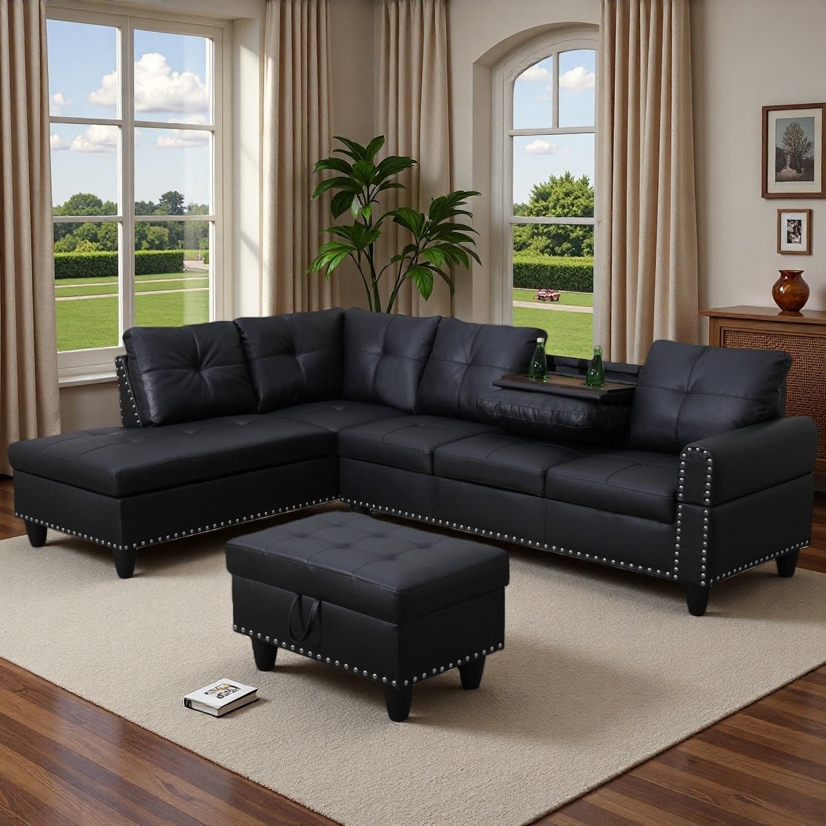 Bergenfield Furniture 97.5 Inch L Shaped Modular Sectional Couch Set with Storage Ottoman 4 Seat Leather Sofa Chaise Living Room Apartment - Prioka