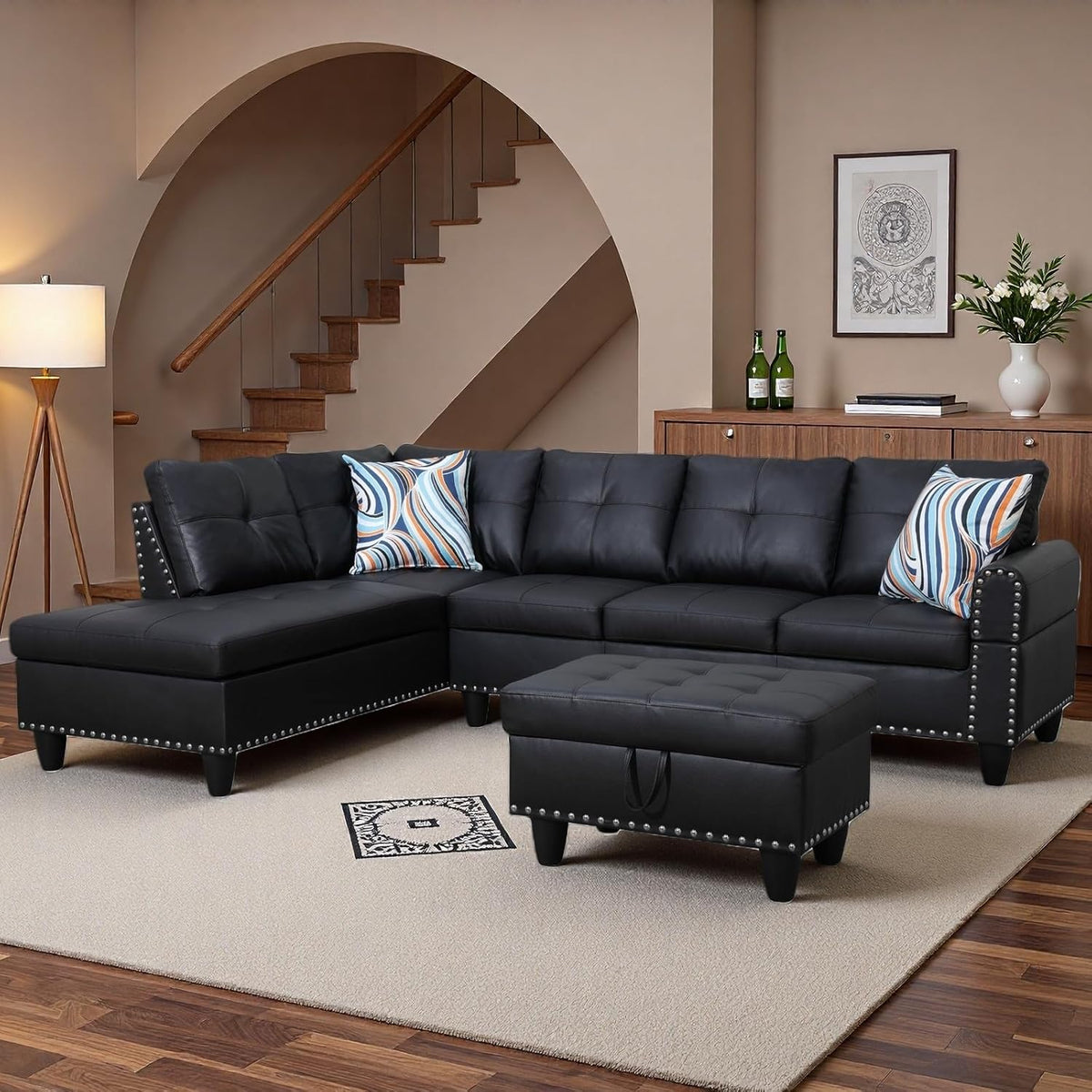 Bergenfield Furniture 97.5 Inch L Shaped Modular Sectional Couch Set with Storage Ottoman 4 Seat Leather Sofa Chaise Living Room Apartment - Prioka