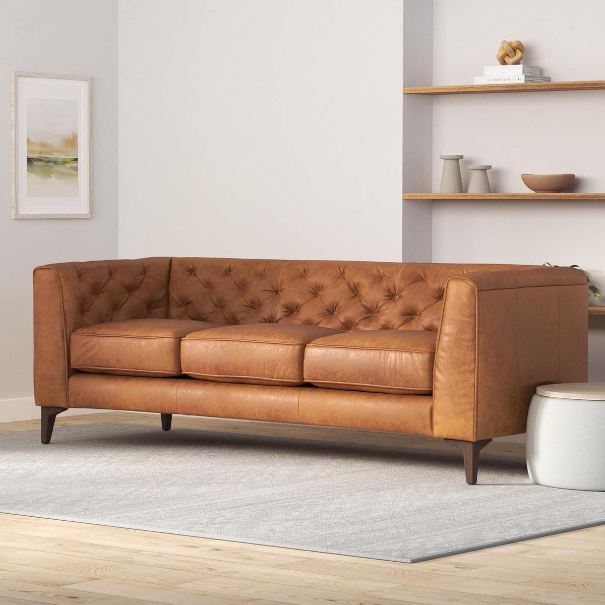 Bergenfield Furniture Full Grain Italian Leather Sofa Tufted Back Feather Down Comfort Solid Wood - Prioka