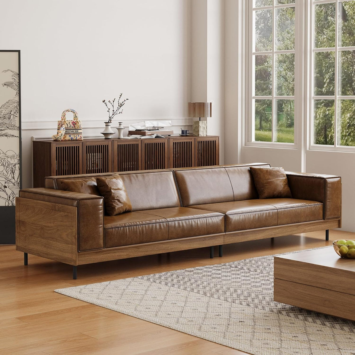 Bergenfield Furniture Modern Leather Sofa 111.81 Inch 3 Seat Couch with Wooden Accents Spacious - Prioka