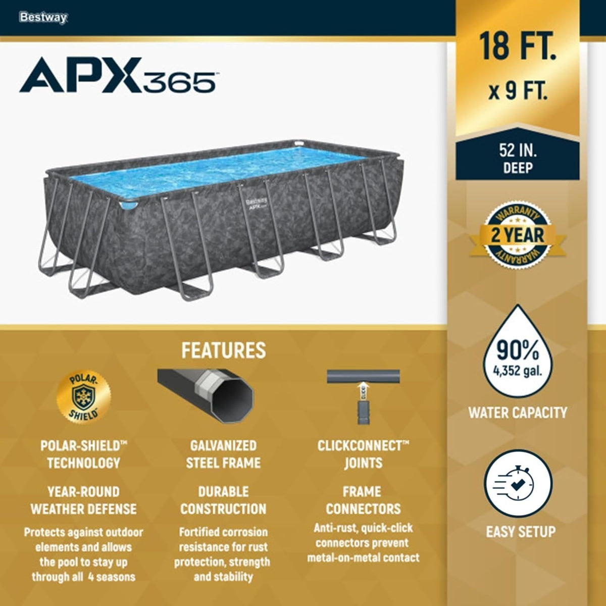 Bestway APX 365 18′ x 9′ x 52″ Rectangular Above Ground Swimming Pool - Prioka