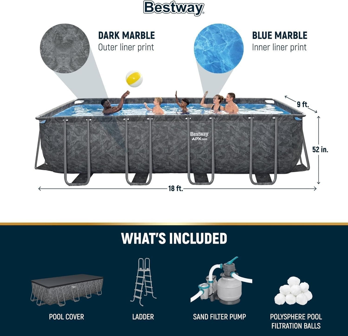 Bestway APX 365 18′ x 9′ x 52″ Rectangular Above Ground Swimming Pool - Prioka
