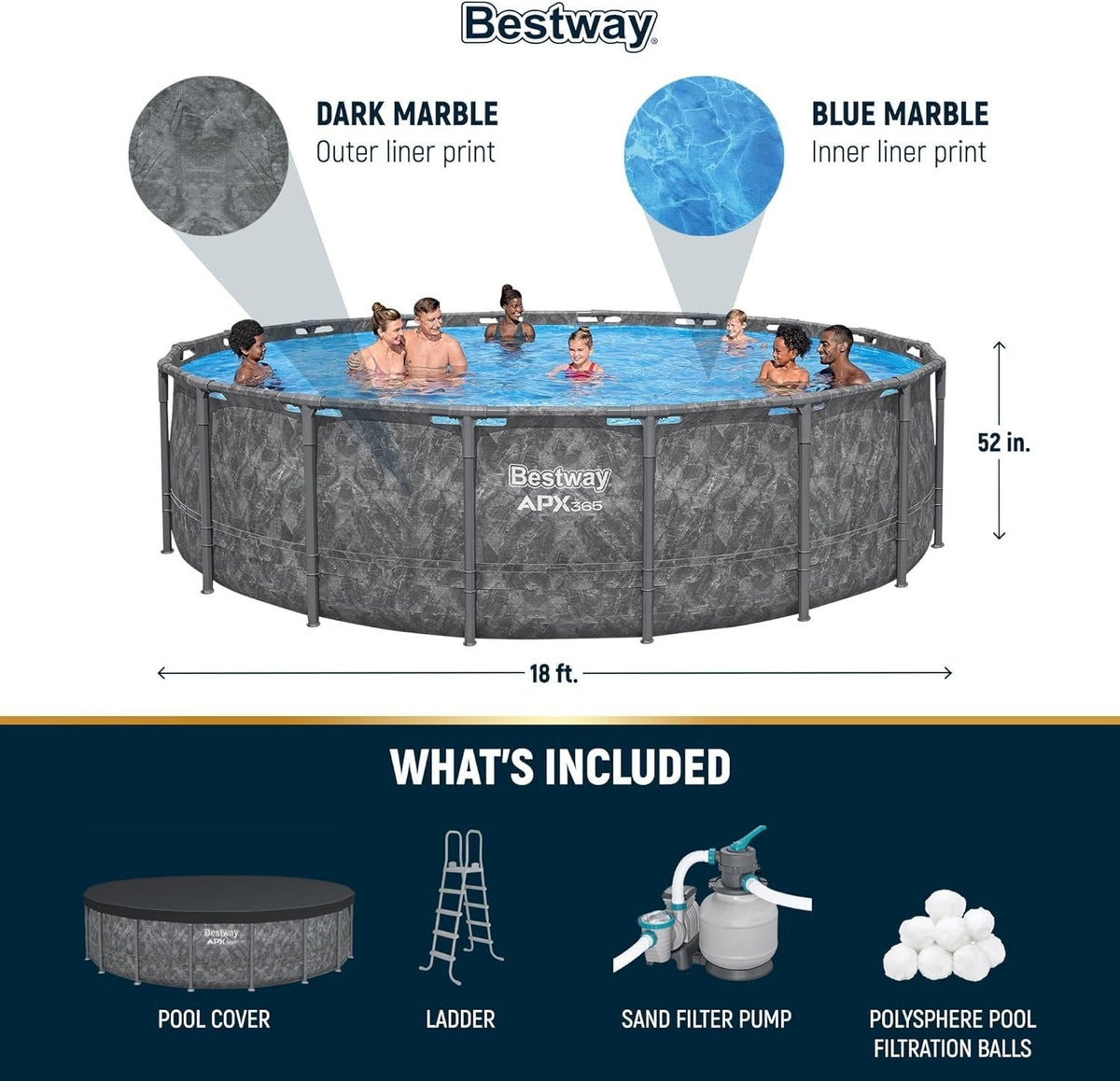 Bestway APX 365 18’x52″ Round Above Ground Swimming Pool Set with Pump &038; Ladder - Prioka
