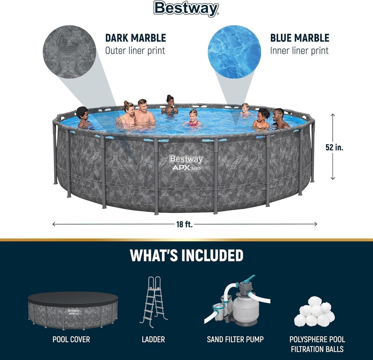 Bestway APX 365 18’x52″ Round Above Ground Swimming Pool Set with Pump & Ladder - Prioka
