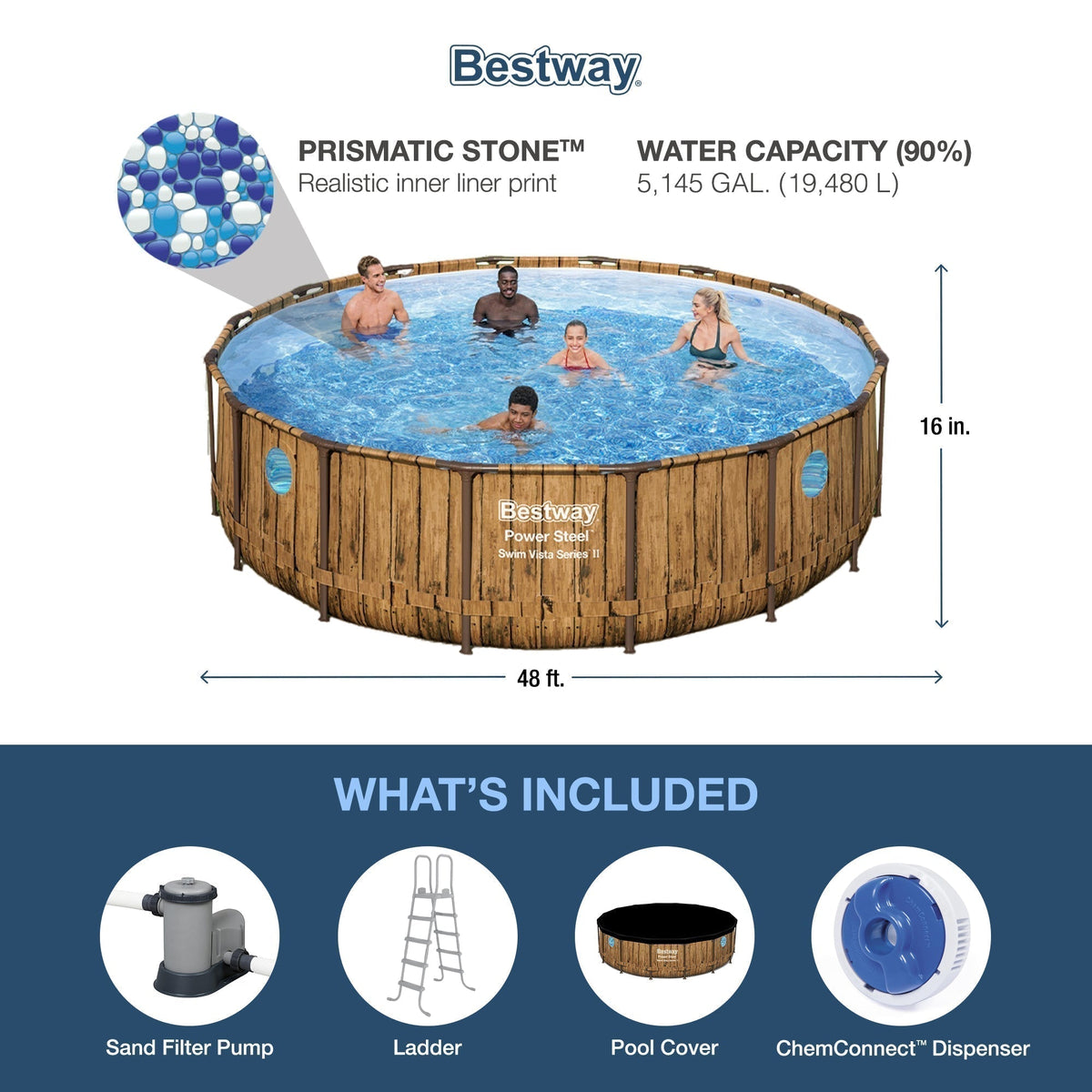 Bestway Power Steel Swim Vista 16' x 48" Round Above Ground Swimming Pool Set - Prioka