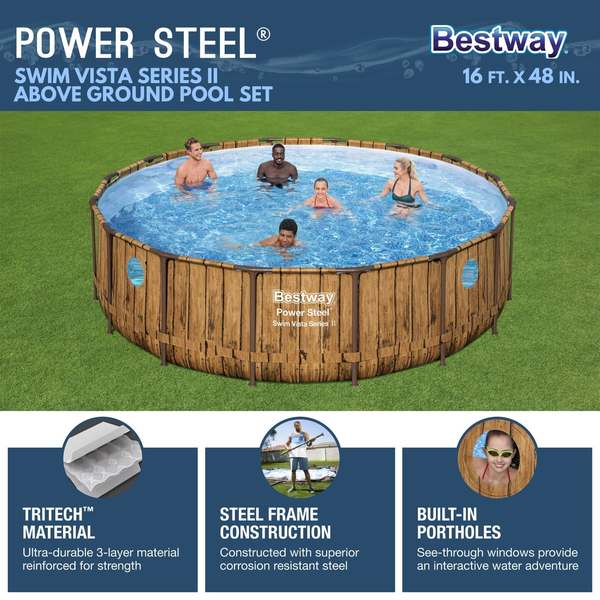 Bestway Power Steel Swim Vista 16' x 48" Round Above Ground Swimming Pool Set - Prioka