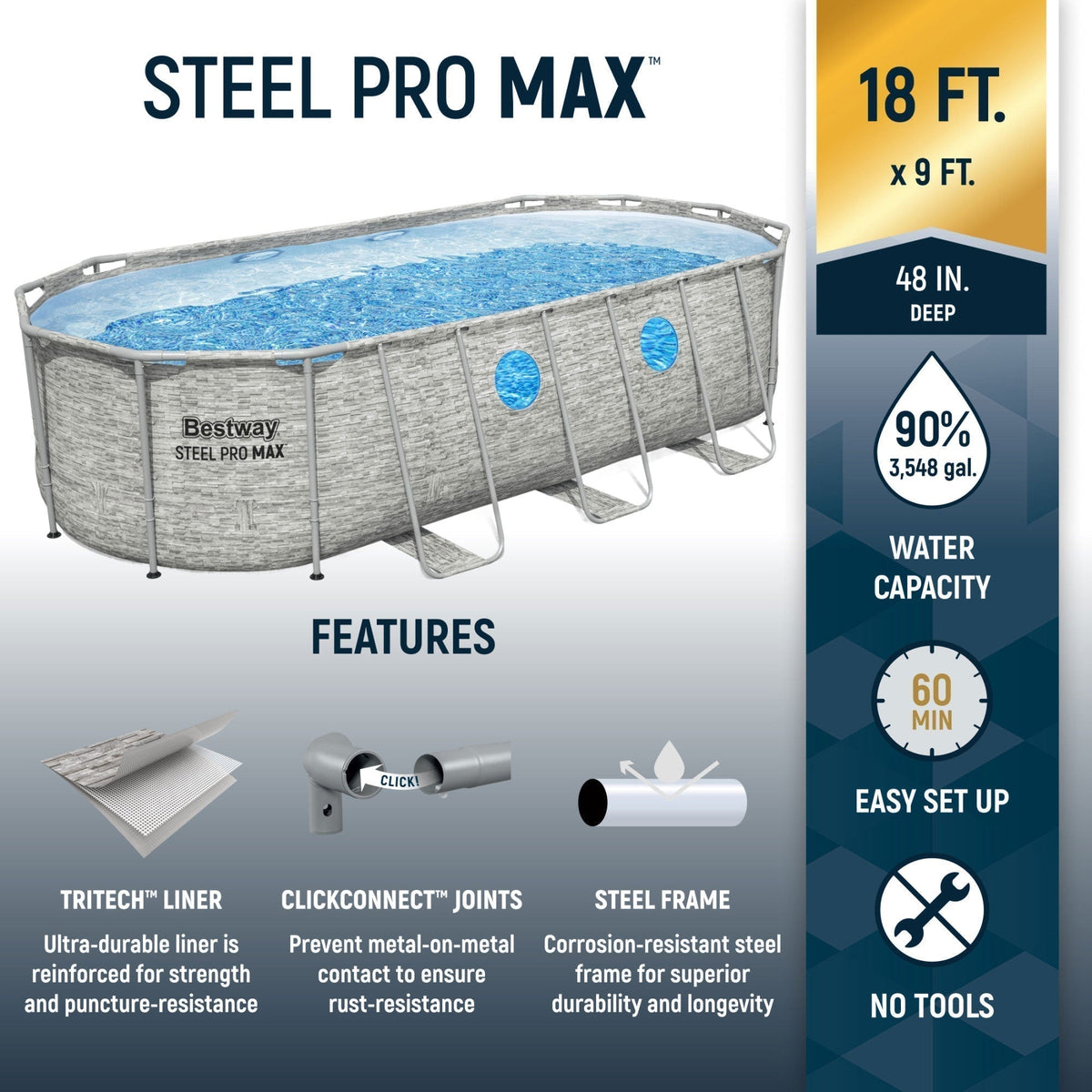 Bestway Power Steel Swim Vista 18' x 9' x 48" Above Ground Swimming Pool Set - Prioka