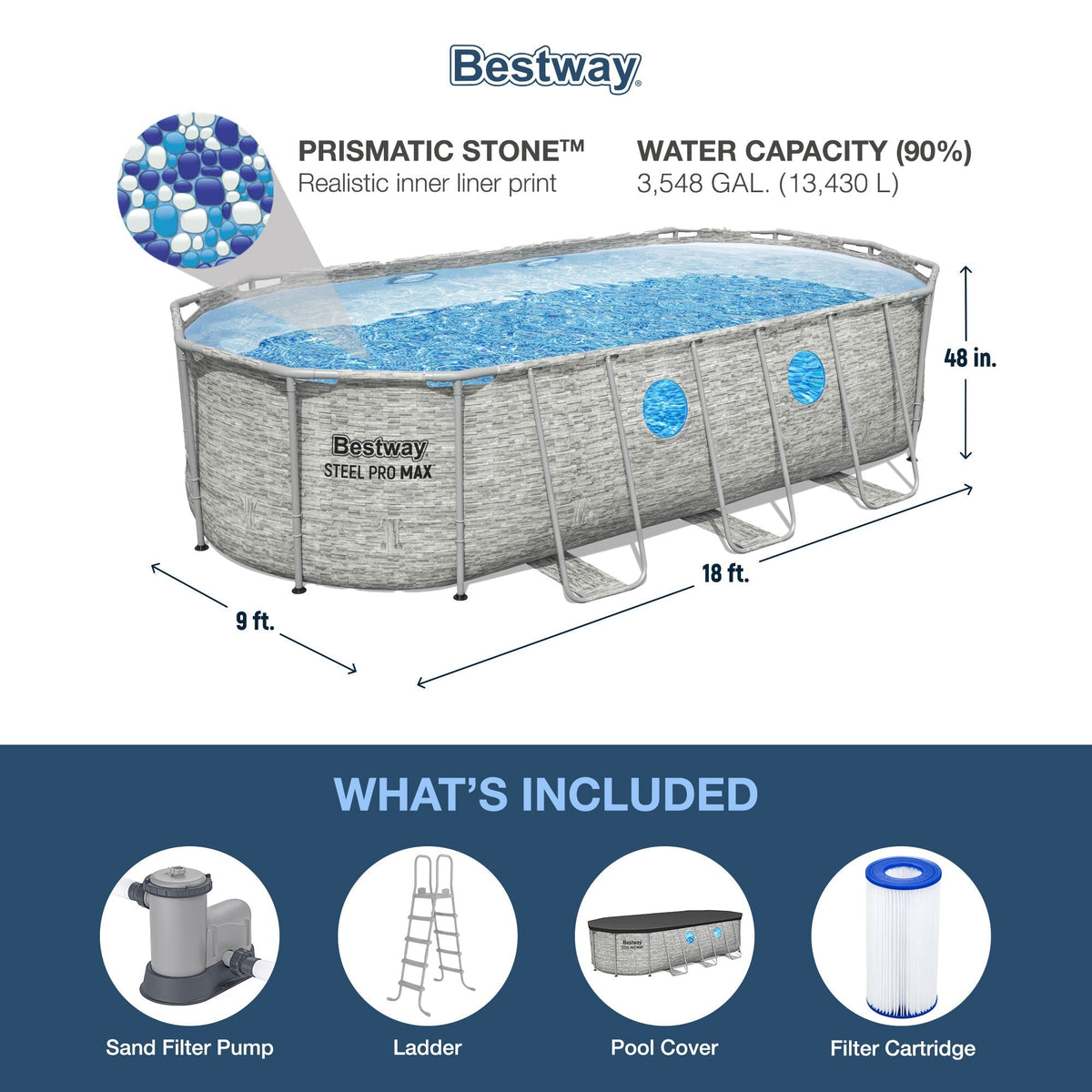 Bestway Power Steel Swim Vista 18' x 9' x 48" Above Ground Swimming Pool Set - Prioka
