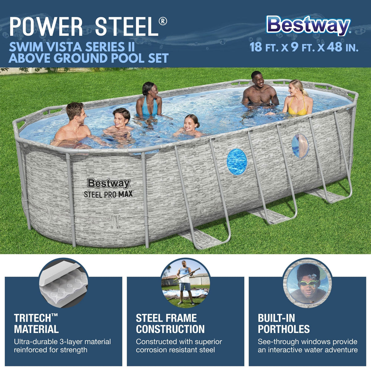 Bestway Power Steel Swim Vista 18' x 9' x 48" Above Ground Swimming Pool Set - Prioka