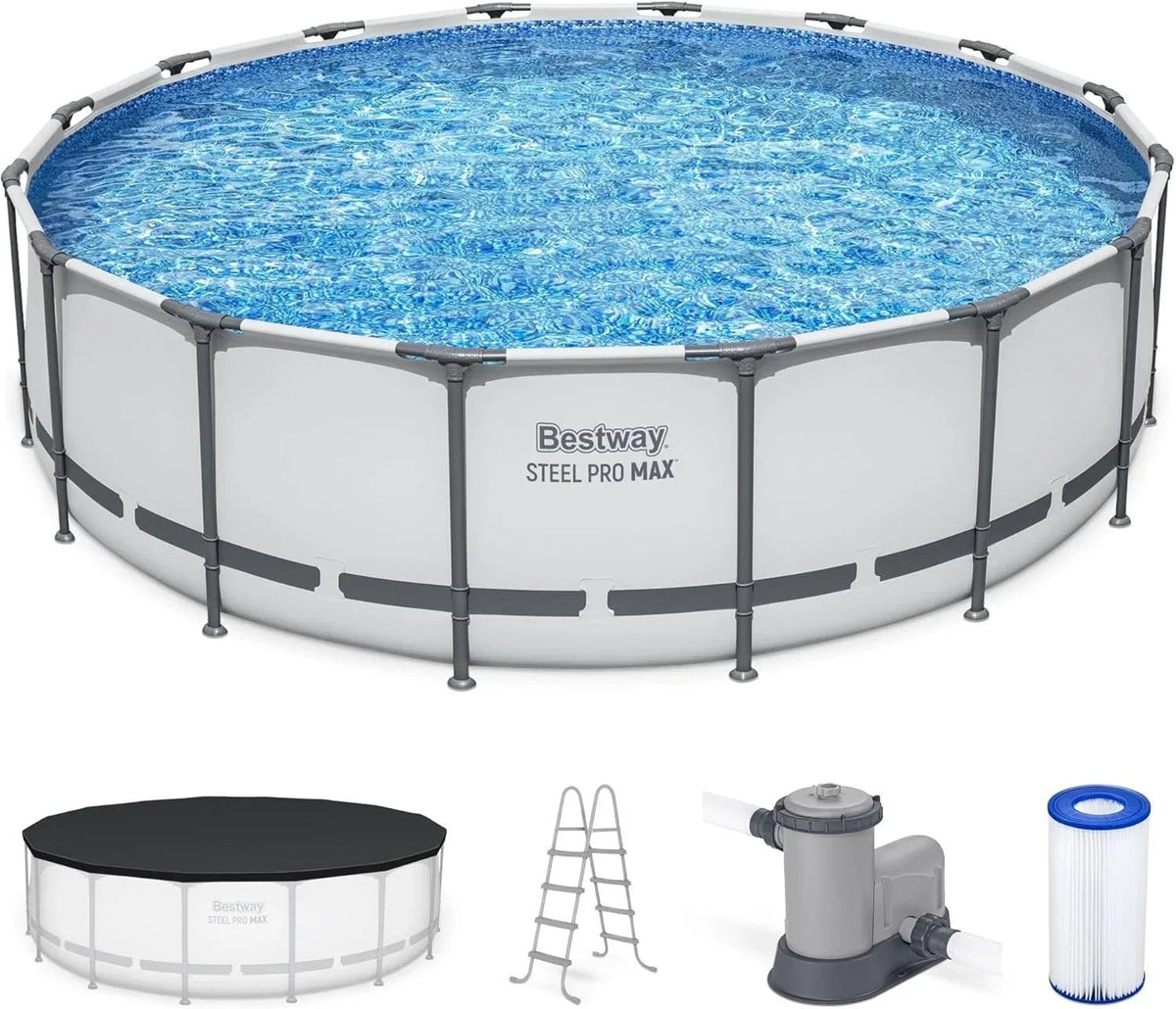 Bestway Steel Pro MAX 16 Foot x 48 Inch Round Metal Frame Above Ground Outdoor Swimming Pool Sets - Prioka
