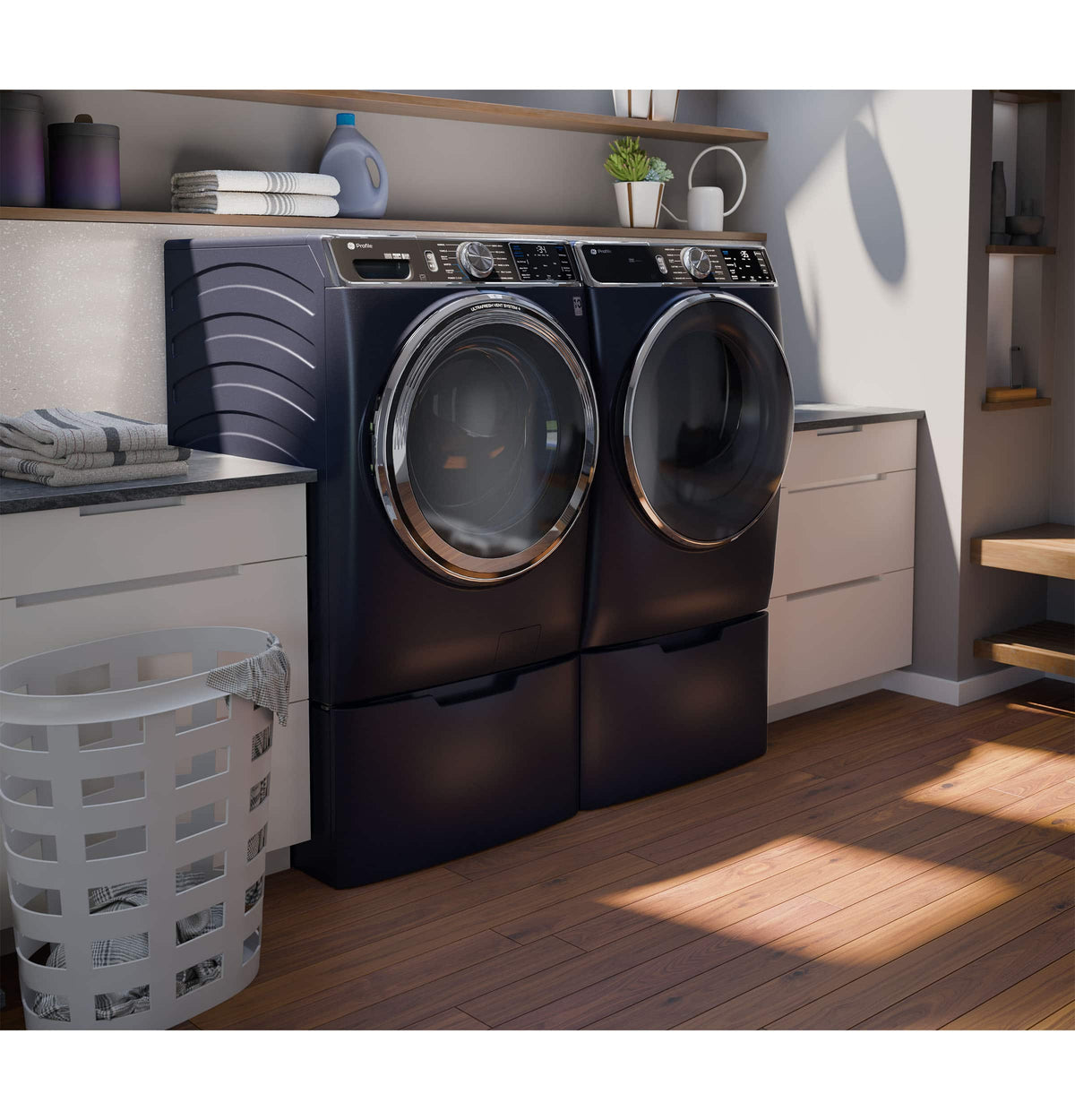 GE – 28 in. Wide and 16 in. Tall Laundry Pedestal with Storage Drawer for Select Washers and Dryers – Sapphire Blue