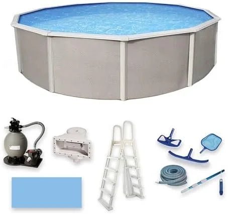 Blue Wave Belize 15-Feet Round 52-Inch Deep 6-Inch Top Rail Metal Wall Swimming Pool Packages - Prioka