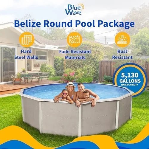 Blue Wave Belize 15-Feet Round 52-Inch Deep 6-Inch Top Rail Metal Wall Swimming Pool Packages - Prioka