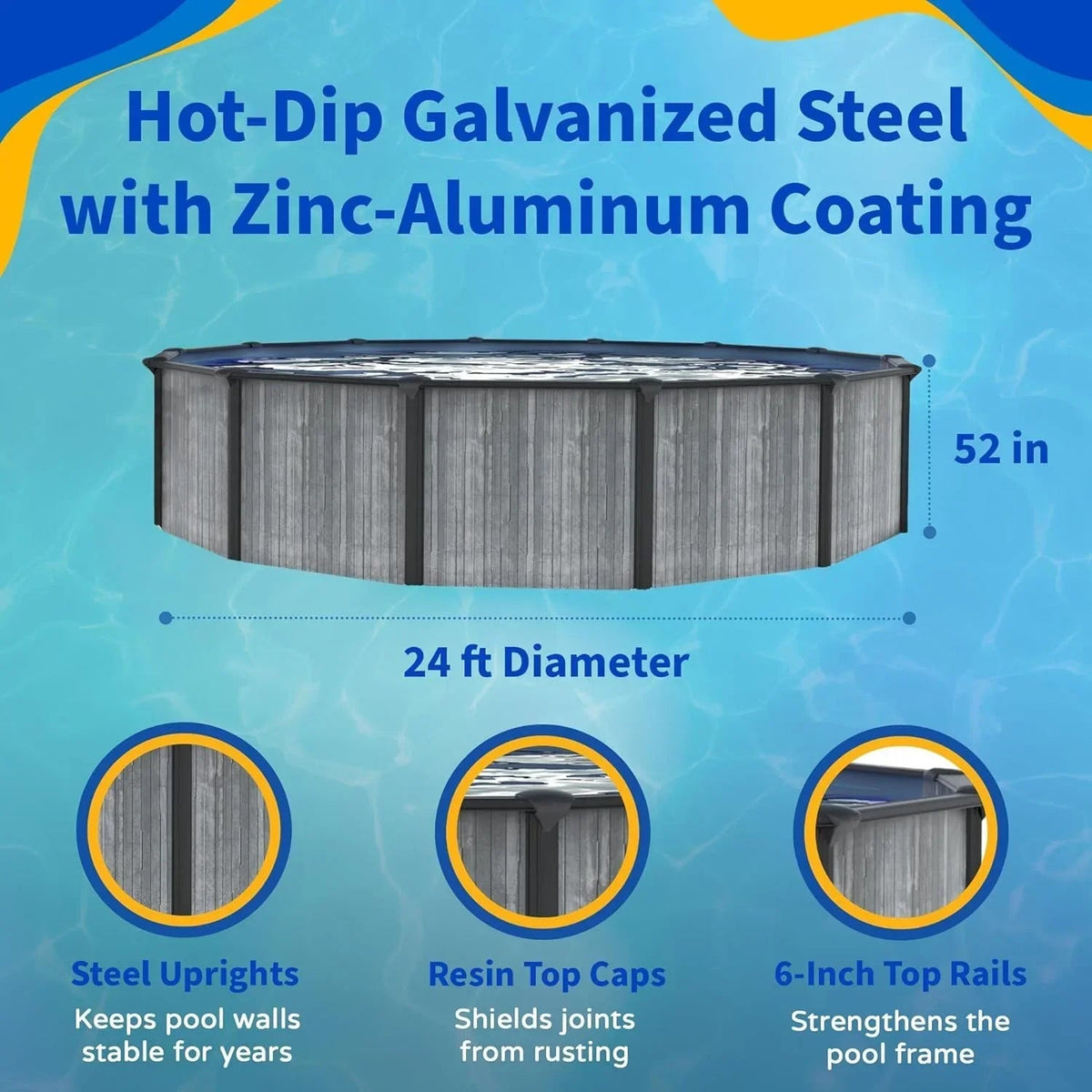 Blue Wave San Pedro 24-ft Round 52-in Deep 6-in Top Rail Above Ground Steel Wall Swimming Pools - Prioka