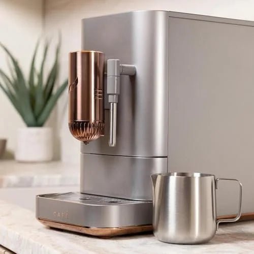 Café Affetto Automatic Espresso Machine + Milk Frother | Built-In & Adjustable Espresso Bean Grinders | One-Touch Brew in 90 Seconds | Steel Silver, 1.2 Liter, (C7CEBBS2RS3) - Prioka