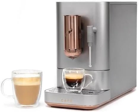 Café Affetto Automatic Espresso Machine + Milk Frother | Built-In & Adjustable Espresso Bean Grinders | One-Touch Brew in 90 Seconds | Steel Silver, 1.2 Liter, (C7CEBBS2RS3) - Prioka