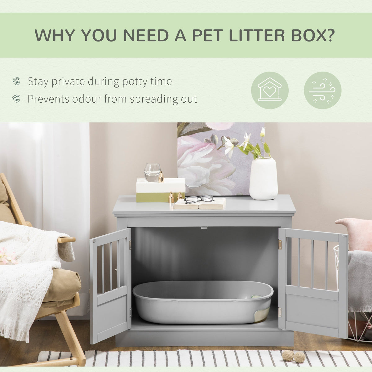 Cat Litter Box Enclosure with Magnetic Doors, Cat Washroom Nightstand with Large Top, Hidden Litter Box Side Table with Latches, Dark Grey - Prioka