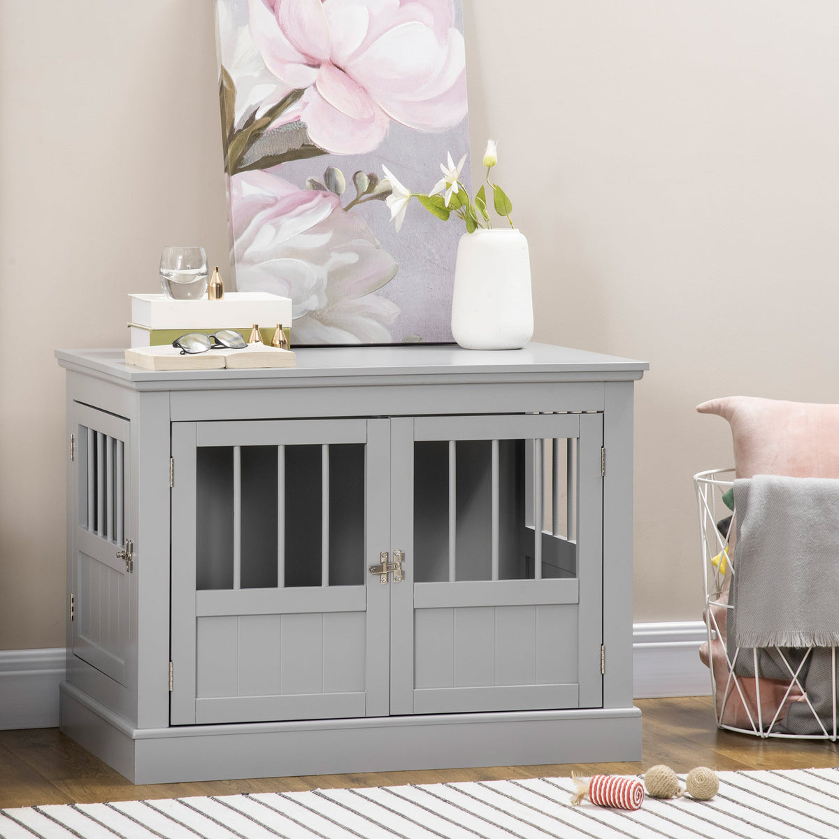 Cat Litter Box Enclosure with Magnetic Doors, Cat Washroom Nightstand with Large Top, Hidden Litter Box Side Table with Latches, Dark Grey - Prioka