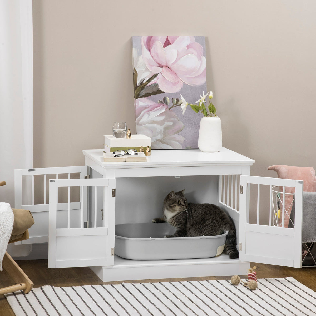 Cat Litter Box Enclosure with Magnetic Doors, Cat Washroom Nightstand with Large Top, Hidden Litter Box Side Table with Latches, White - Prioka